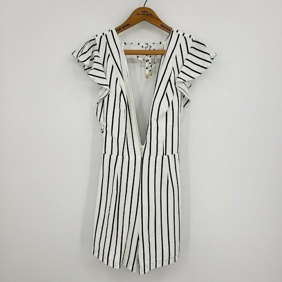 New Saints + Secrets Romper Large Black White Stripe Ruffle Shorts Deep V - Picture 1 of 4